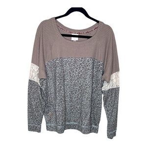 Knox Rose Thermal Animal Print and Lace Mixed Long Sleeve Thermal Shirt XXL